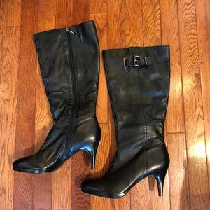 Bandolino Jorgen black leather heeled boots with silver buckles, size 8.5 NIB